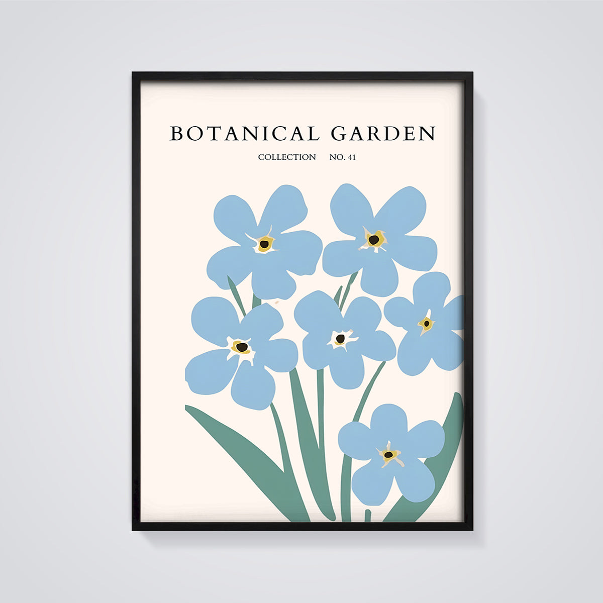 Botanical Garden No. 41 Blue Flowers Print framed in black on a grey background