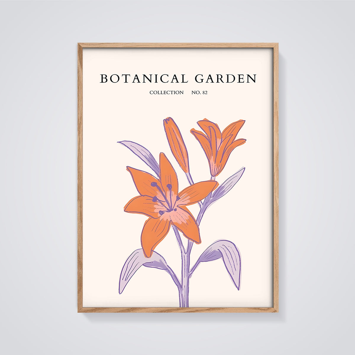 Botanical Garden No. 82 Lily Print framed in oak on a grey background