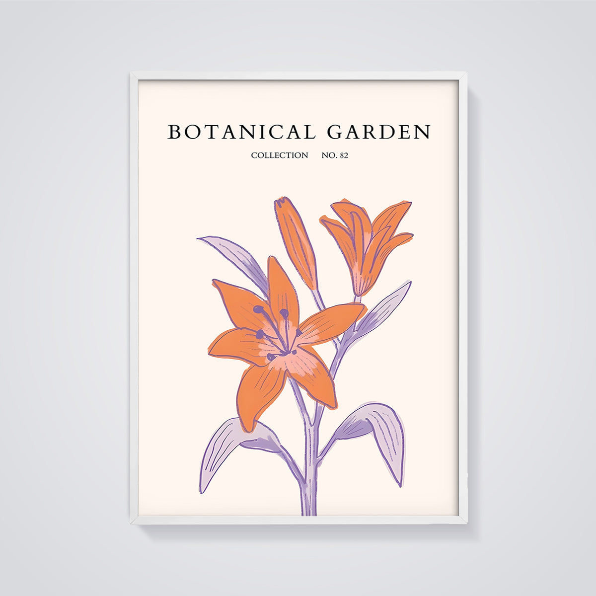 Botanical Garden No. 82 Lily Print framed in white on a grey background