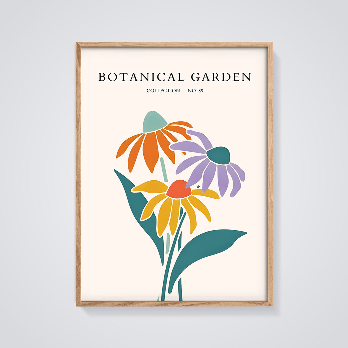 Botanical Garden No. 89 Floral Print framed in oak on a grey background