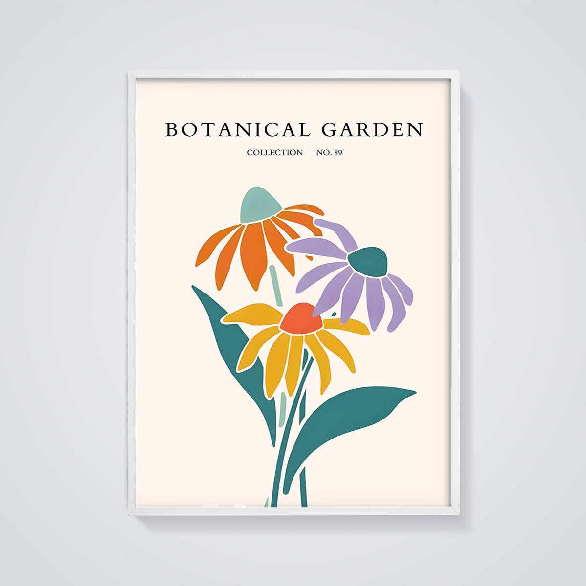 Botanical Garden No. 89 Floral Print framed in white on a grey background