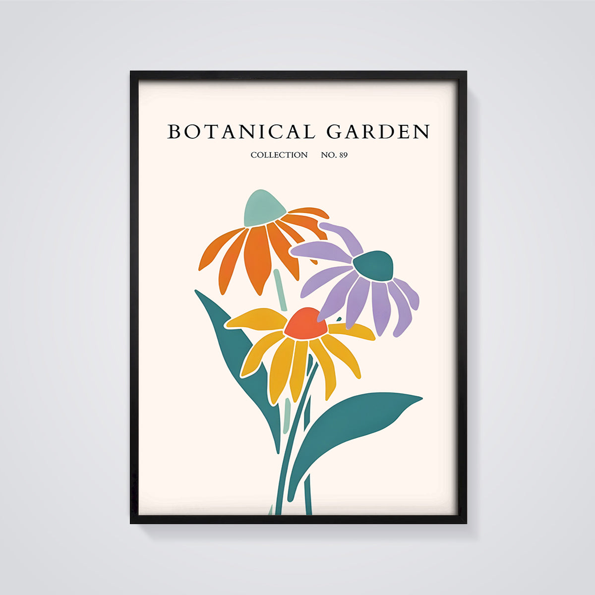 Botanical Garden No. 89 Floral Print framed in black on a grey background