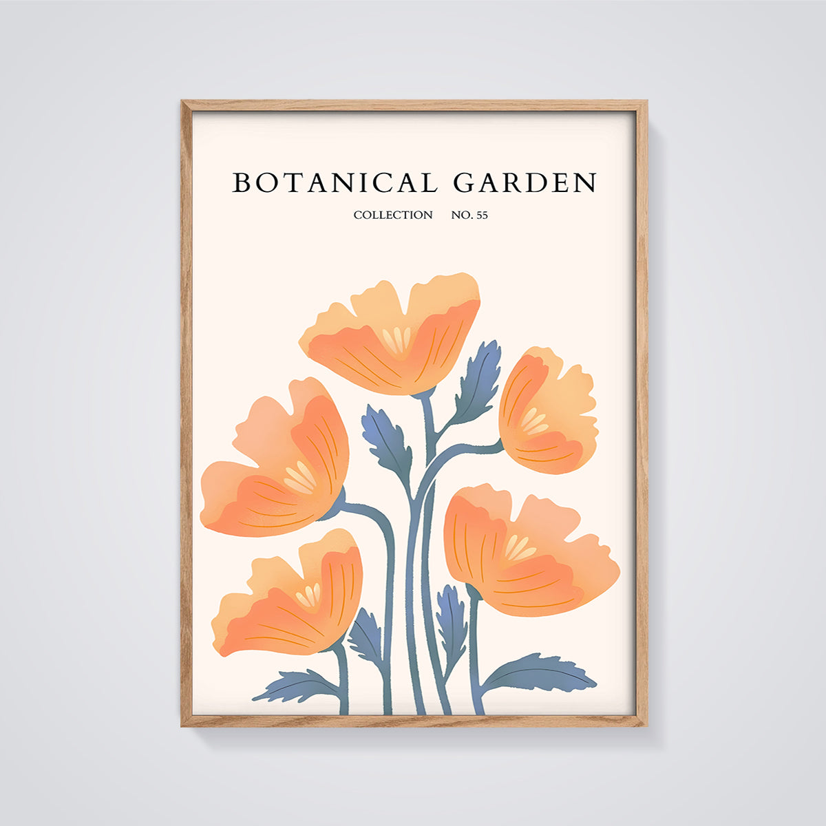 Botanical Garden Orange Flowers Print framed in oak on a grey background