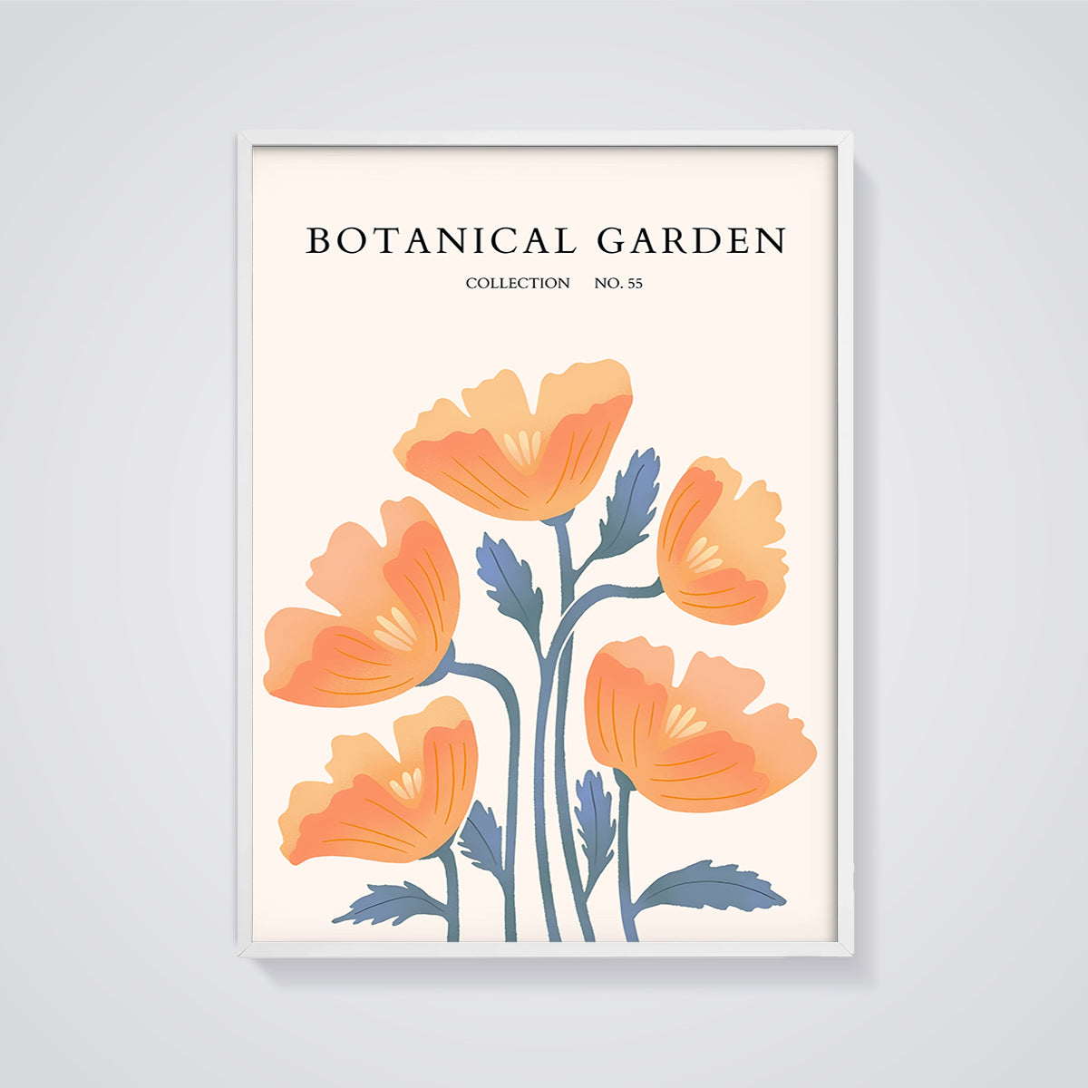 Botanical Garden Orange Flowers Print framed in white on a grey background