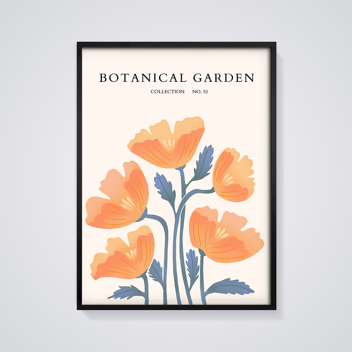 Botanical Garden Orange Flowers Print framed in black on a grey background