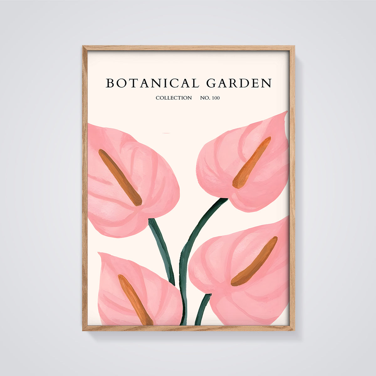 Botanical Garden Pink Anthurium Print framed in oak on a grey background