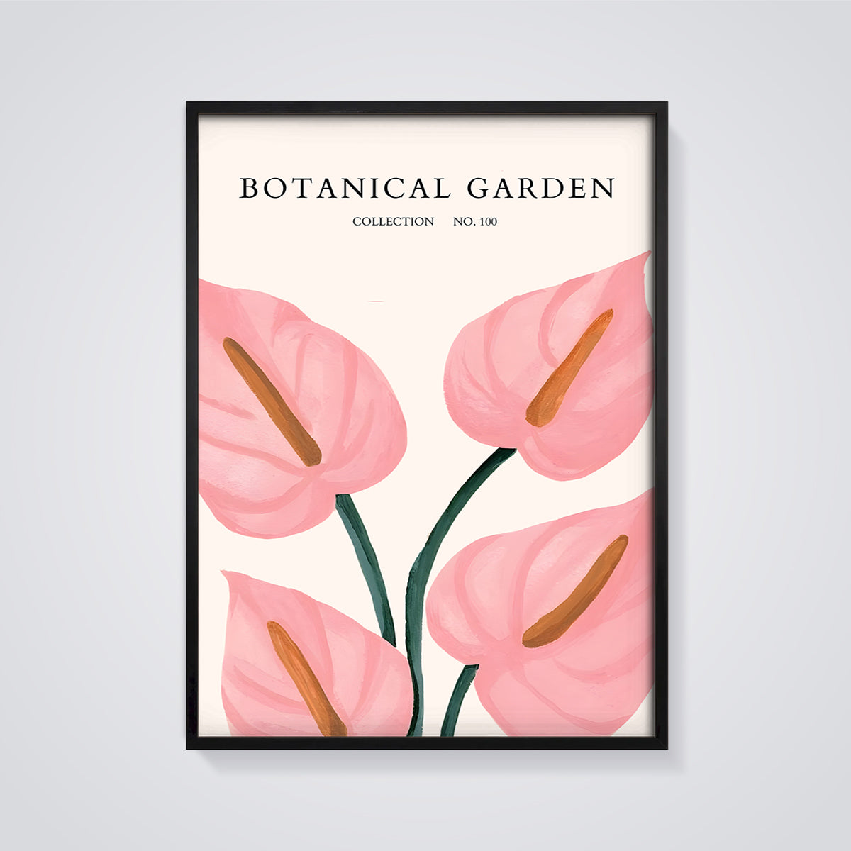 Botanical Garden Pink Anthurium Print framed in black on a grey background