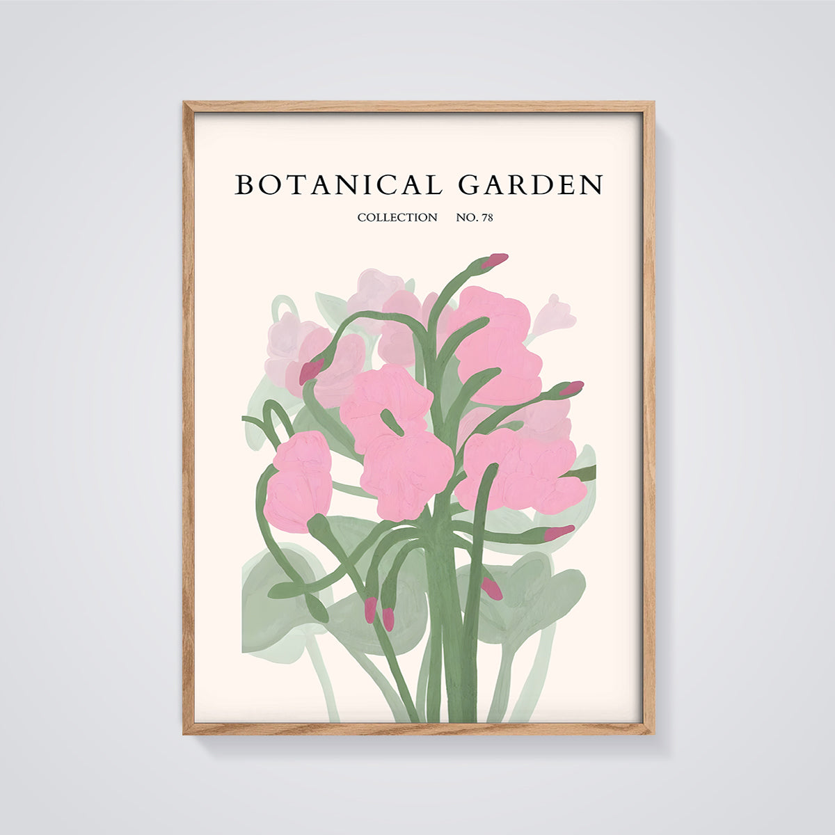 Botanical Garden Pink Floral Print framed in oak on a grey background