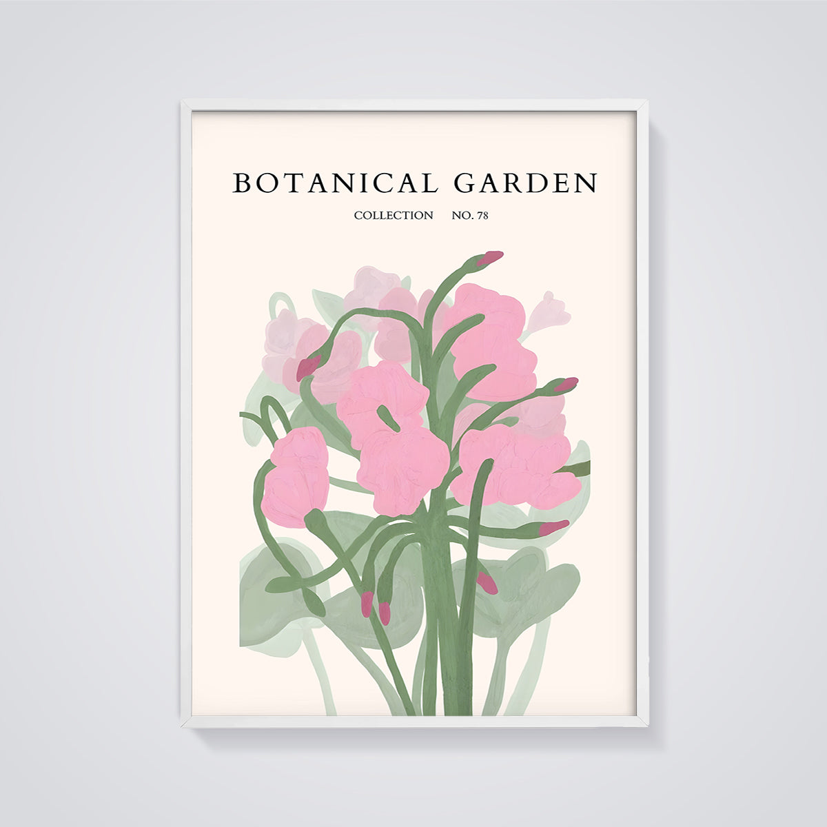 Botanical Garden Pink Floral Print framed in white on a grey background