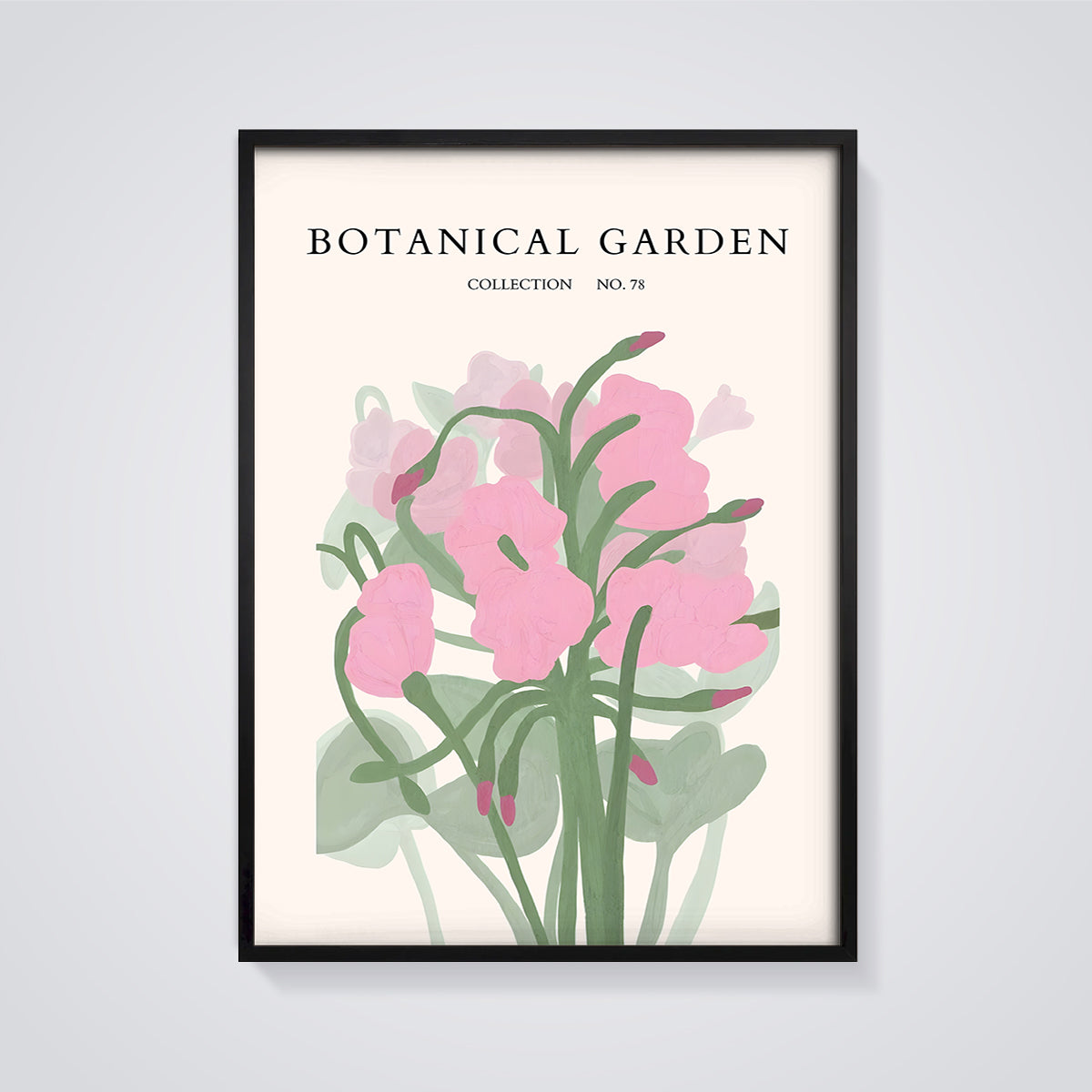 Botanical Garden Pink Floral Print framed in black on a grey background