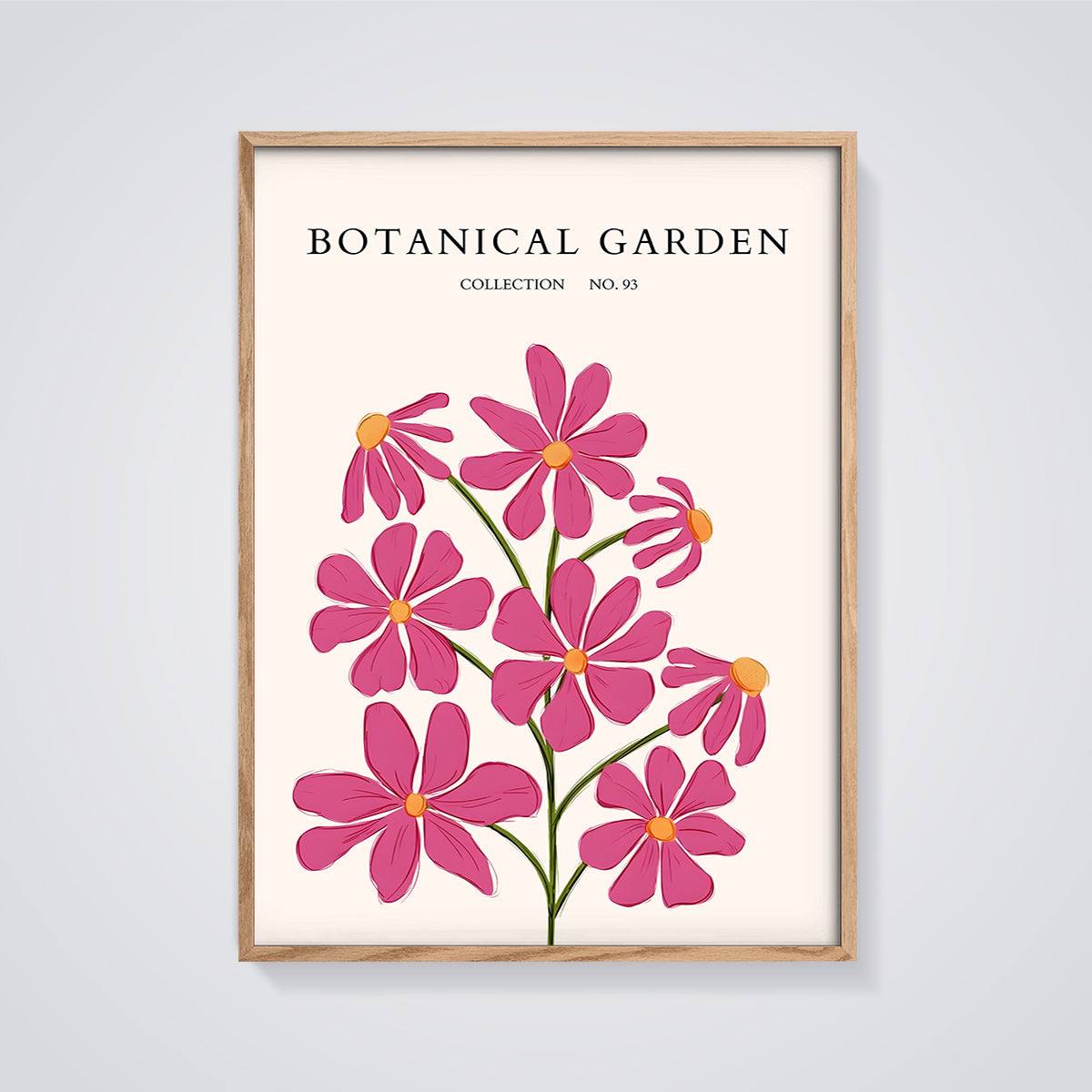 Botanical Garden Pink Flowers Print framed in oak on a grey background