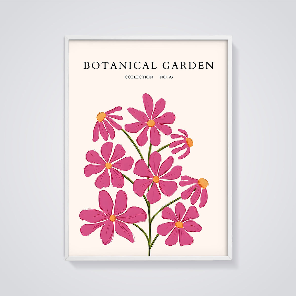 Botanical Garden Pink Flowers Print framed in white on a grey background
