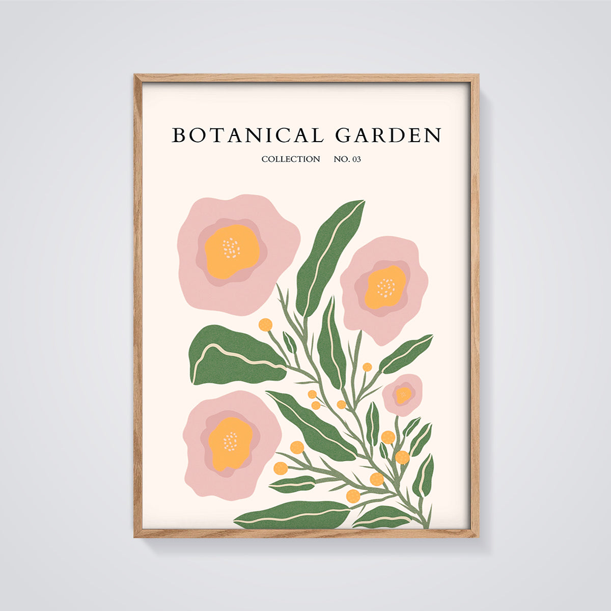 Botanical Garden Pink Flowers Print Aesthetic framed in oak on a grey background