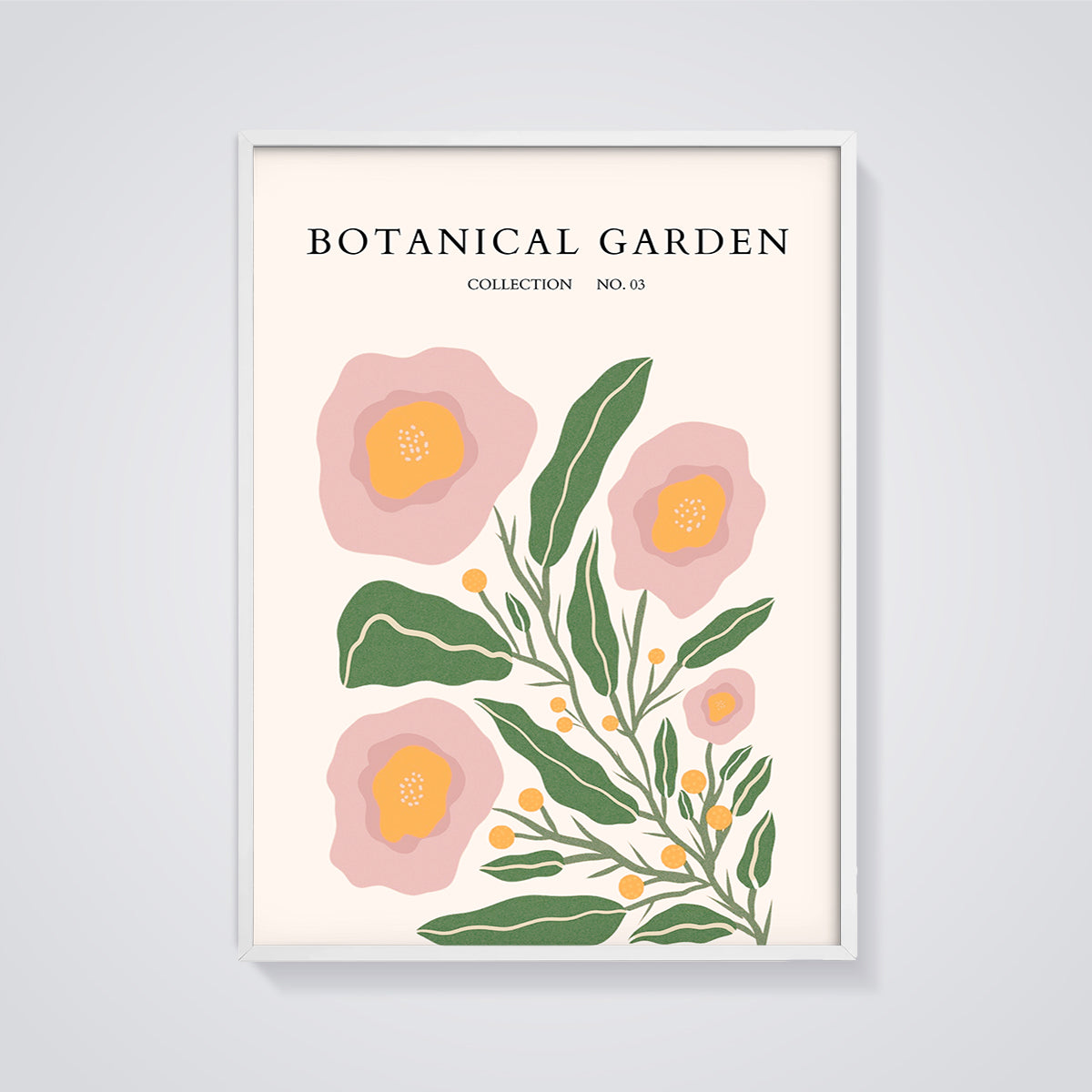 Botanical Garden Pink Flowers Print Aesthetic framed in white on a grey background
