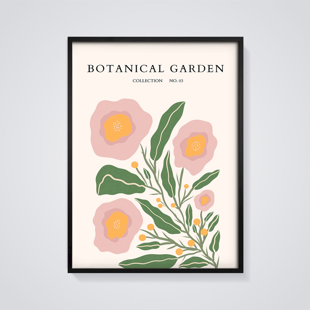 Botanical Garden Pink Flowers Print Aesthetic framed in black on a grey background