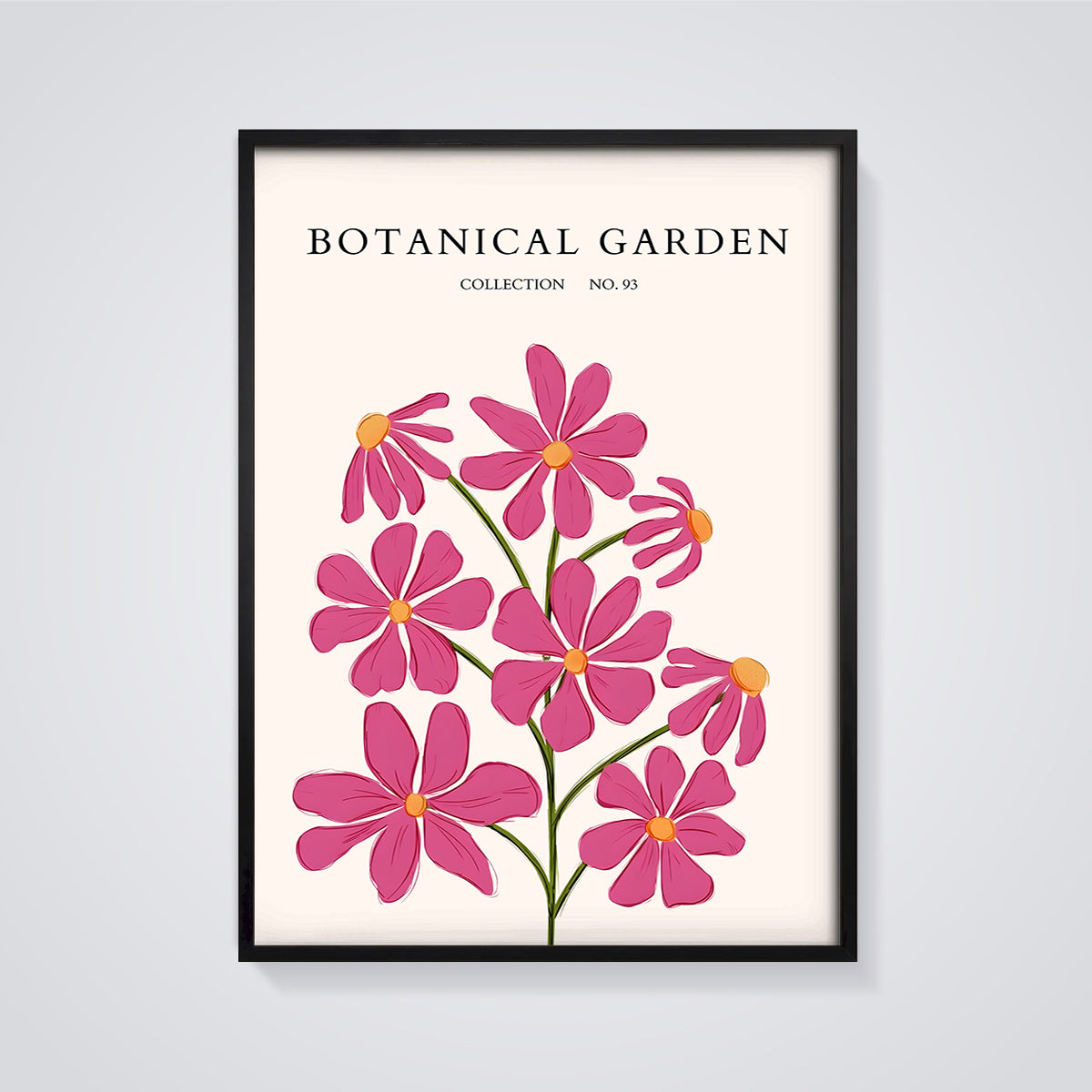 Botanical Garden Pink Flowers Print framed in black on a grey background