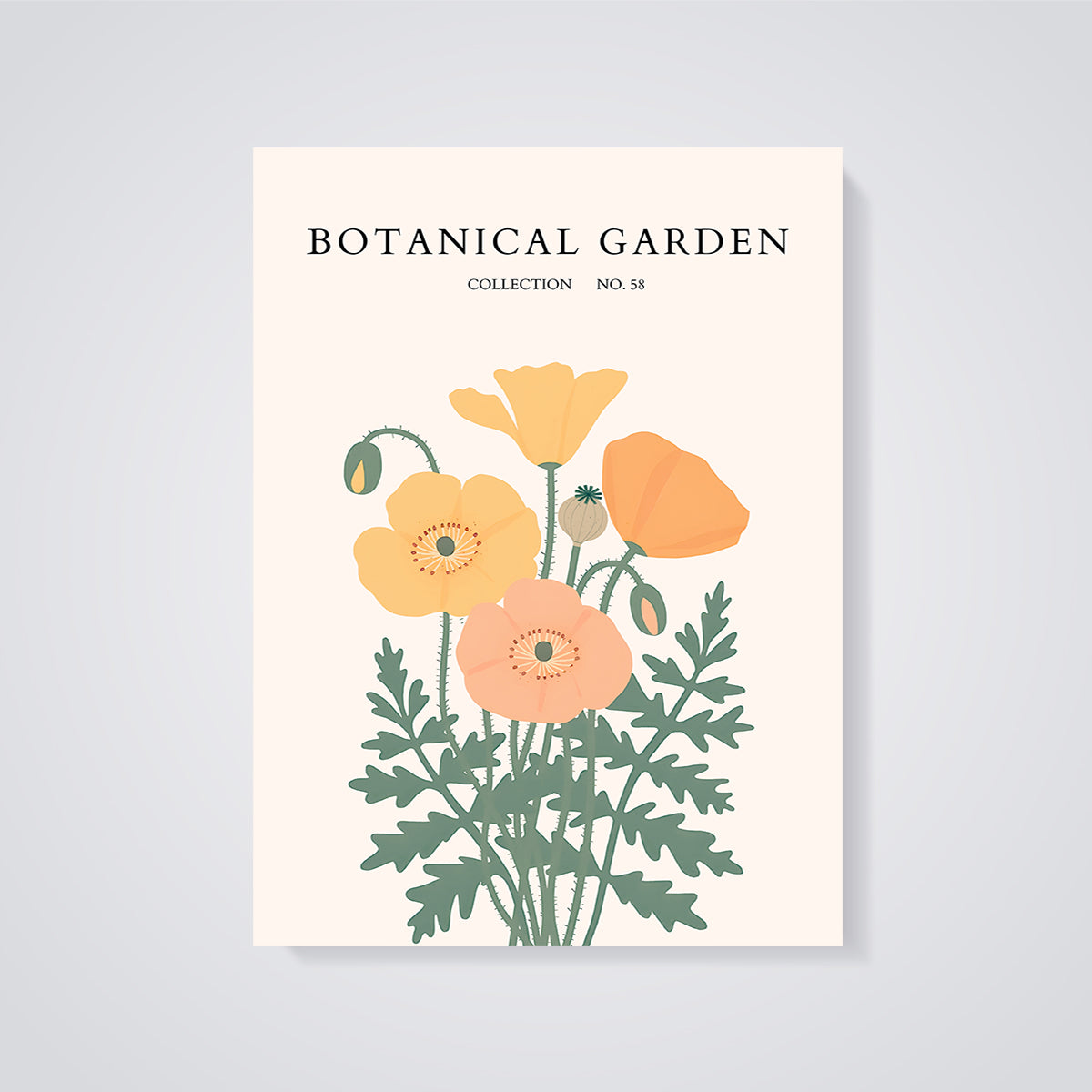 Botanical Garden Poppies Print unframed on a grey background