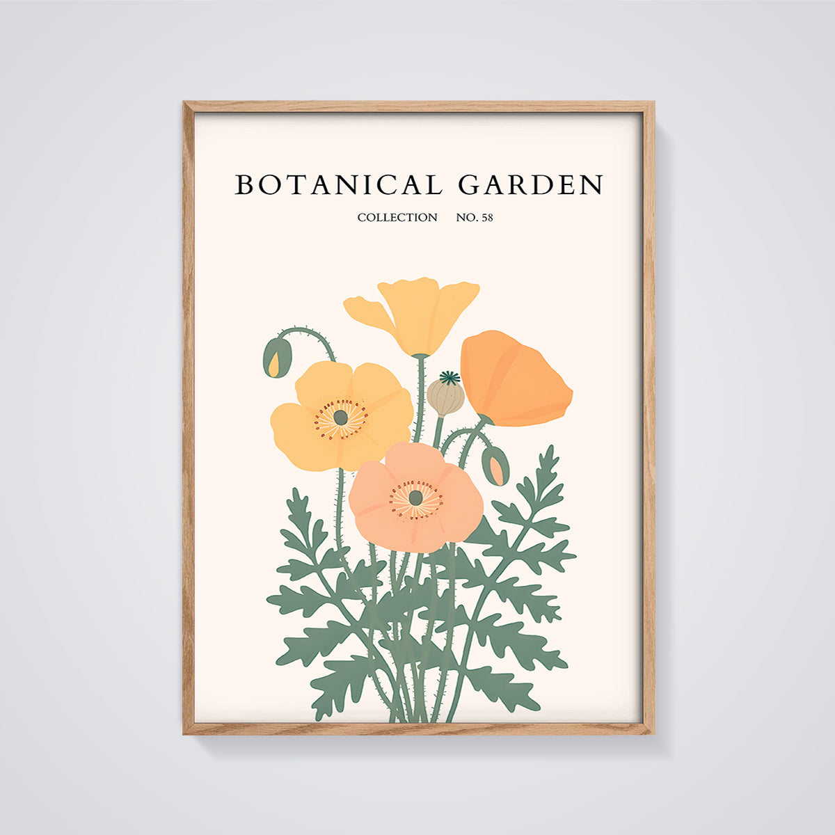 Botanical Garden Poppies Print framed in oak on a grey background