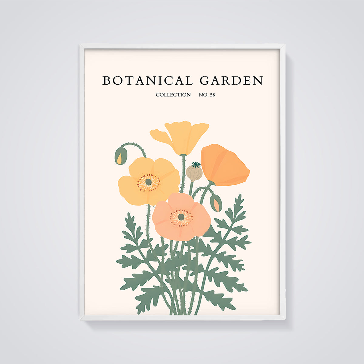 Botanical Garden Poppies Print framed in white on a grey background