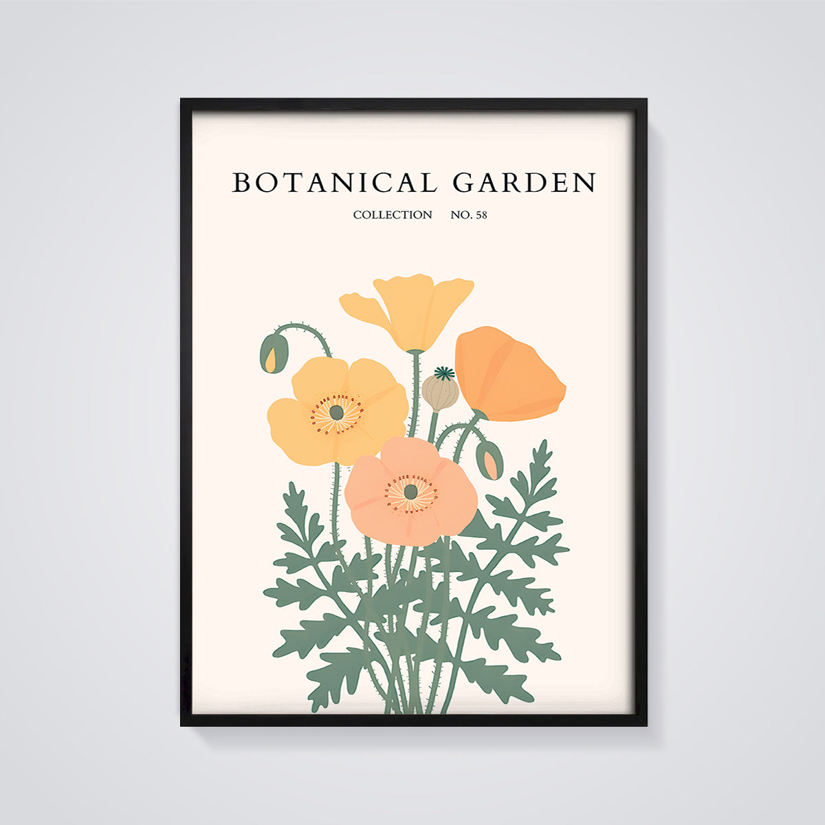 Botanical Garden Poppies Print framed in black on a grey background