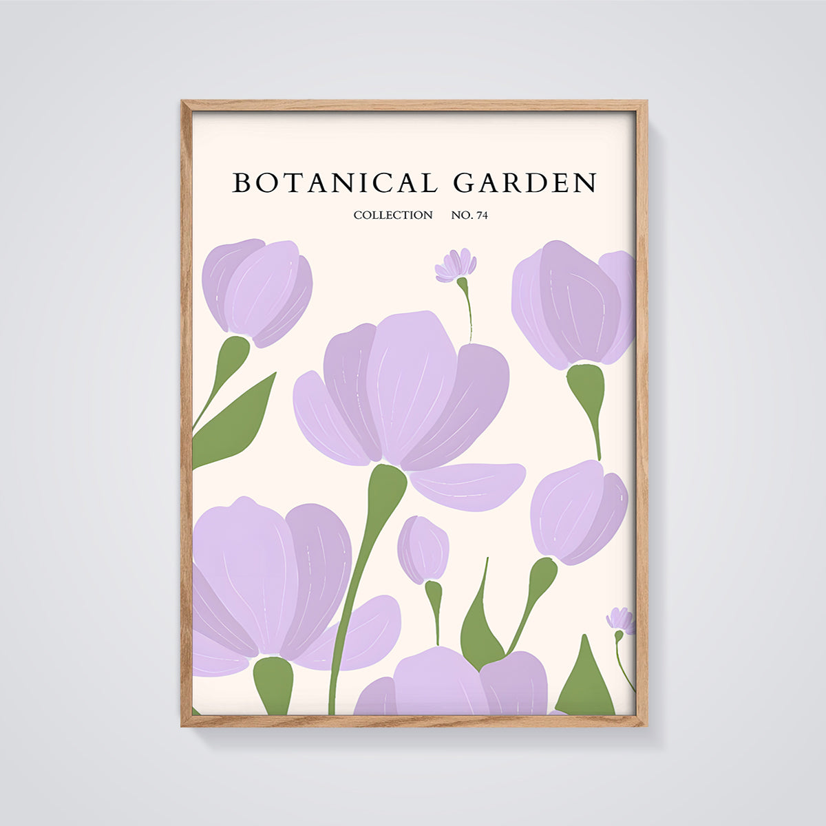 Botanical Garden Purple Flowers Print framed in oak on a grey background