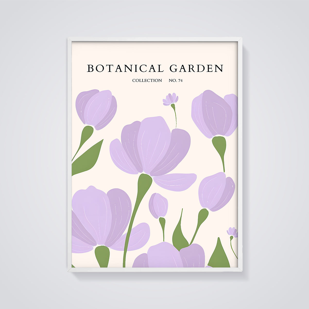 Botanical Garden Purple Flowers Print framed in white on a grey background