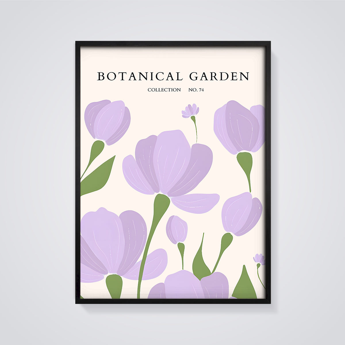 Botanical Garden Purple Flowers Print framed in black on a grey background