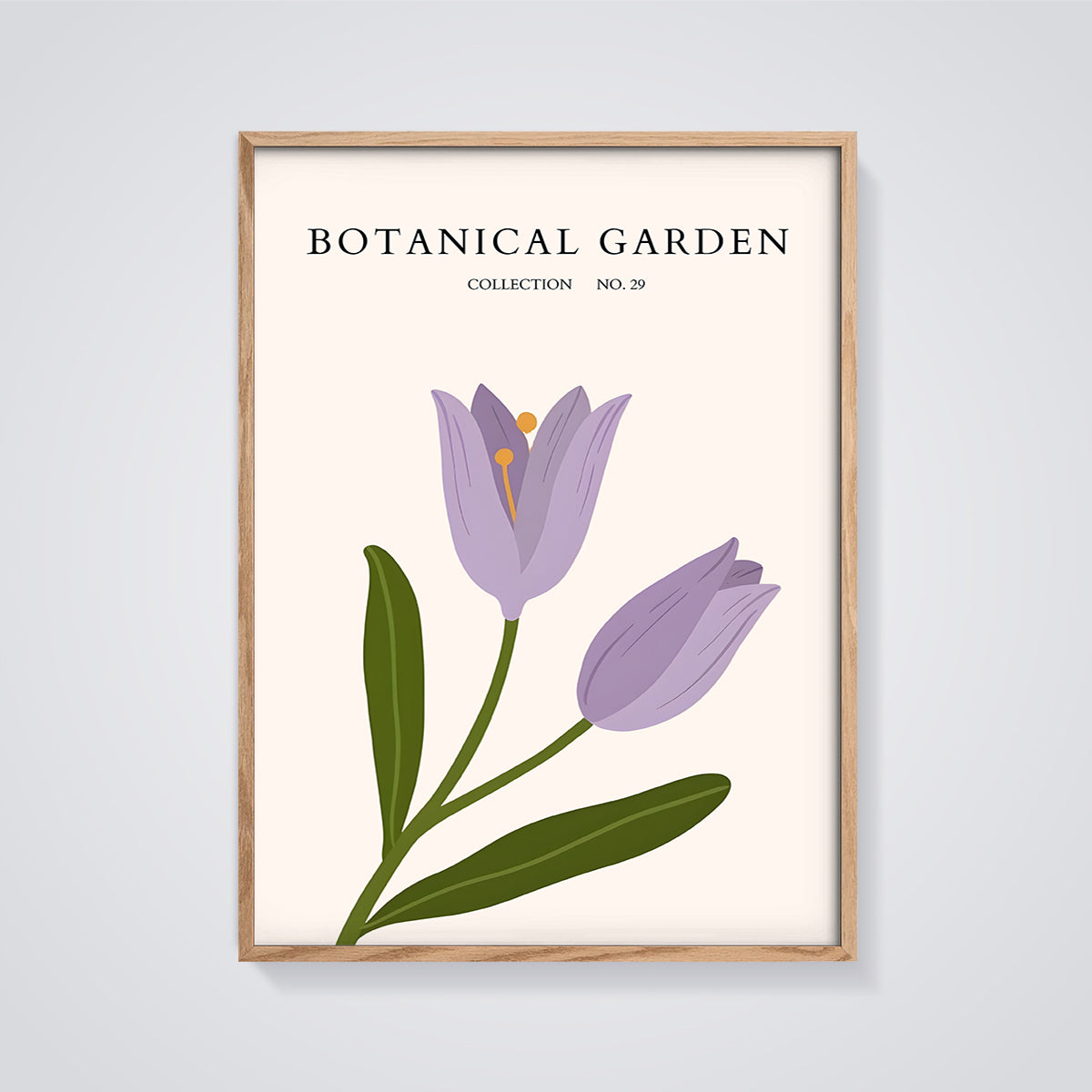 Botanical Garden Purple Tulip Print framed in oak on a grey background