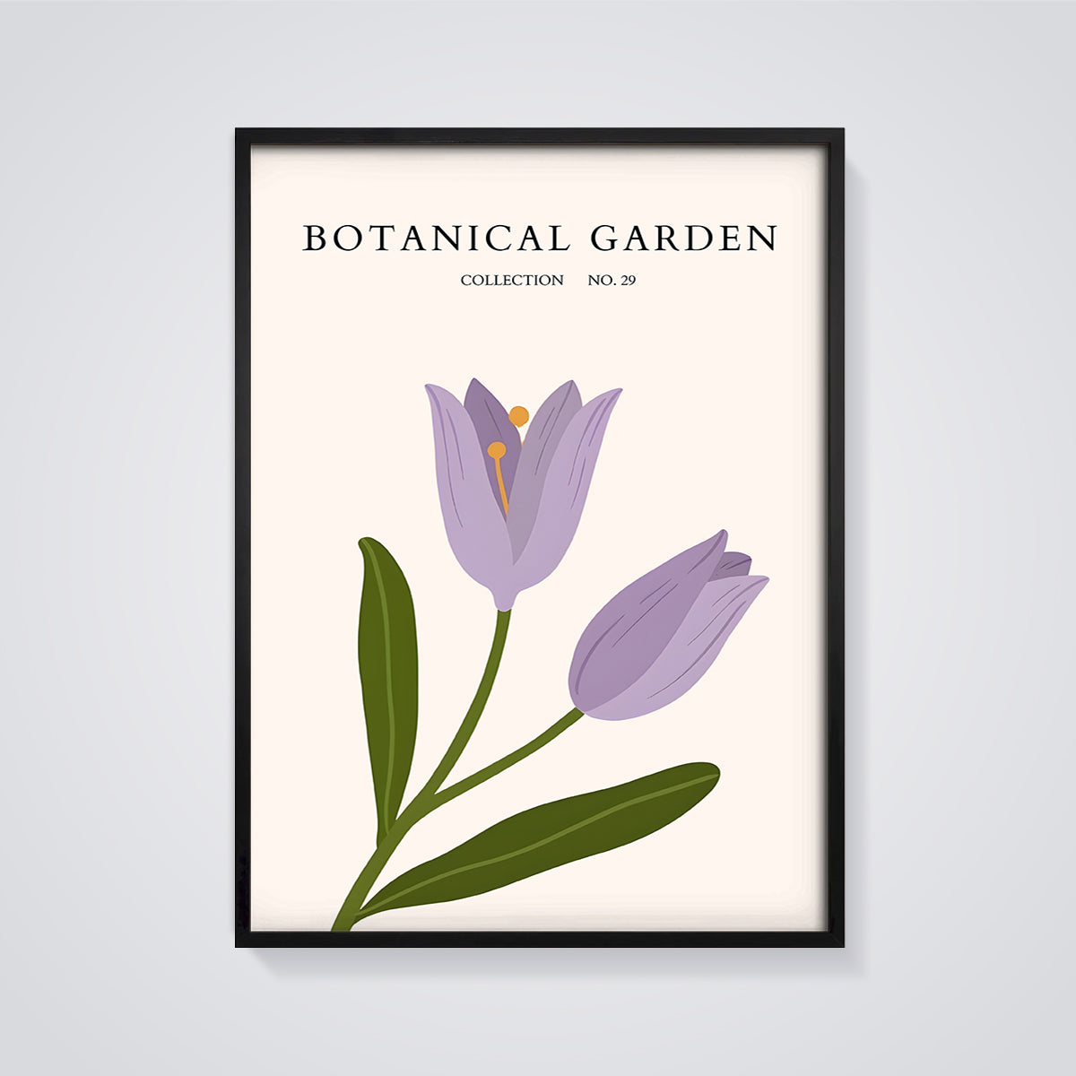 Botanical Garden Purple Tulip Print framed in black on a grey background
