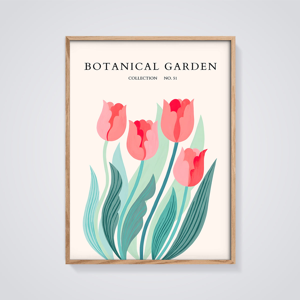 Botanical Garden Tulips Print framed in oak on a grey background