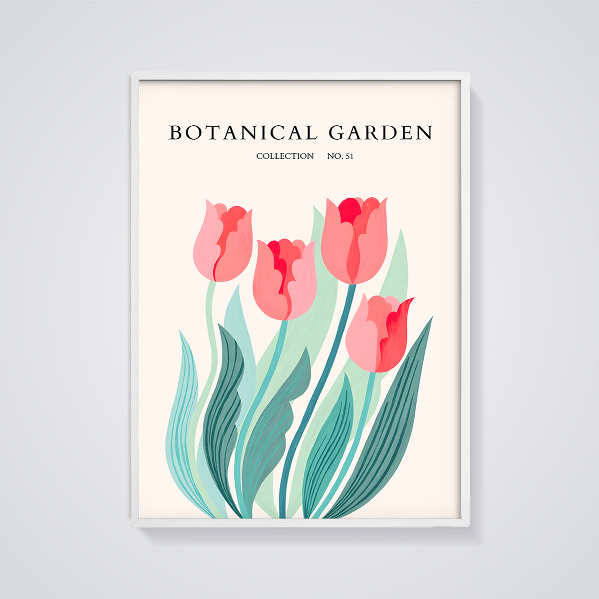 Botanical Garden Tulips Print framed in white on a grey background