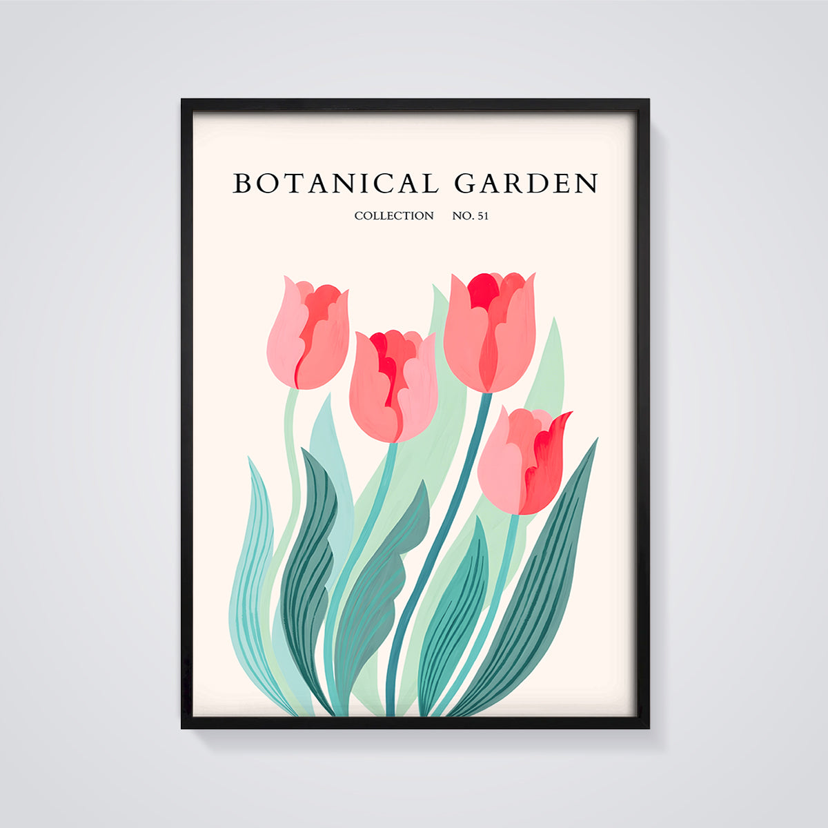 Botanical Garden Tulips Print framed in black on a grey background