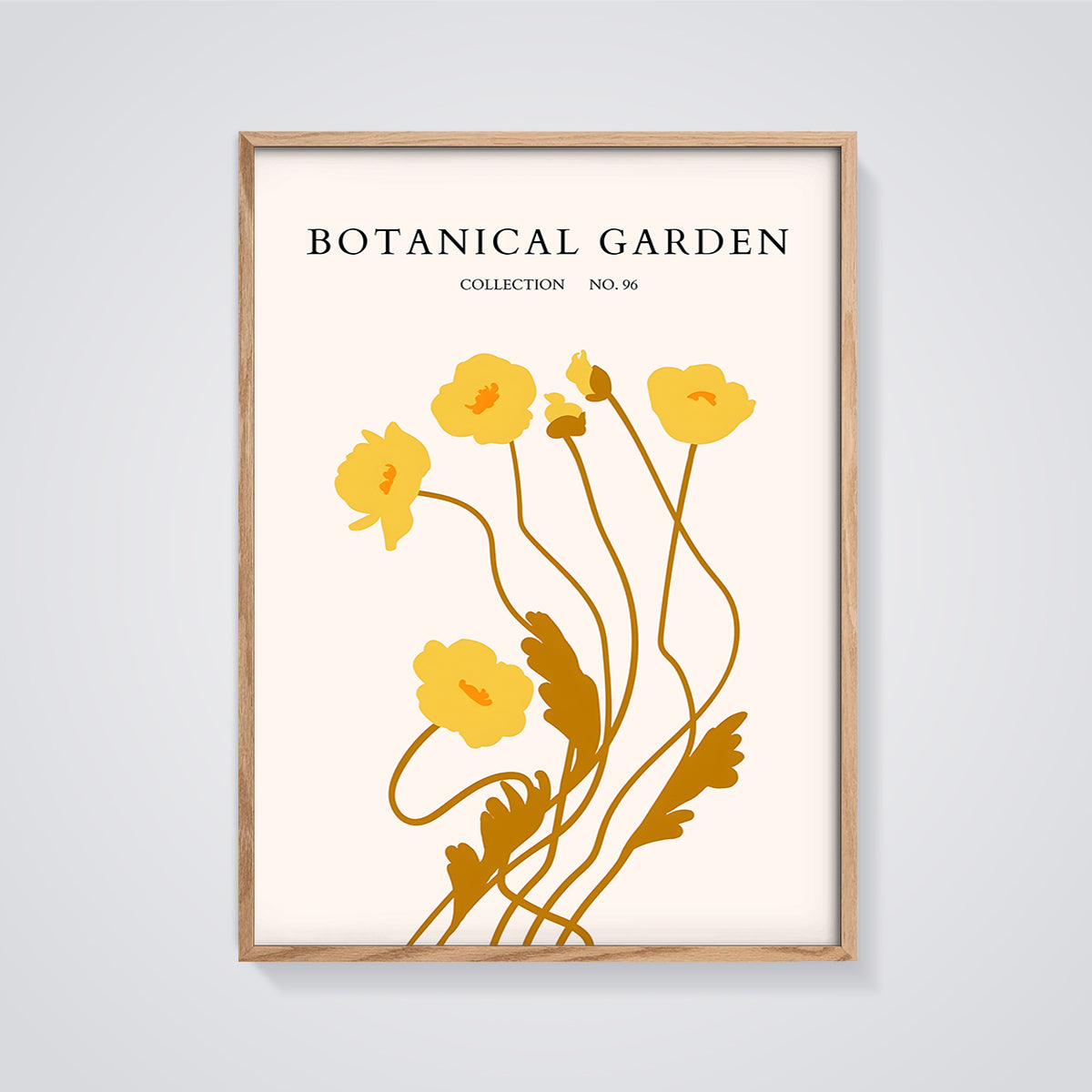 Botanical Garden Yellow Flowers Print framed in oak on a grey background