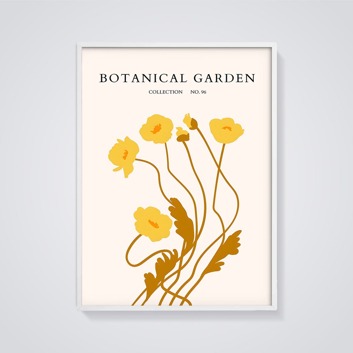 Botanical Garden Yellow Flowers Print framed in white on a grey background