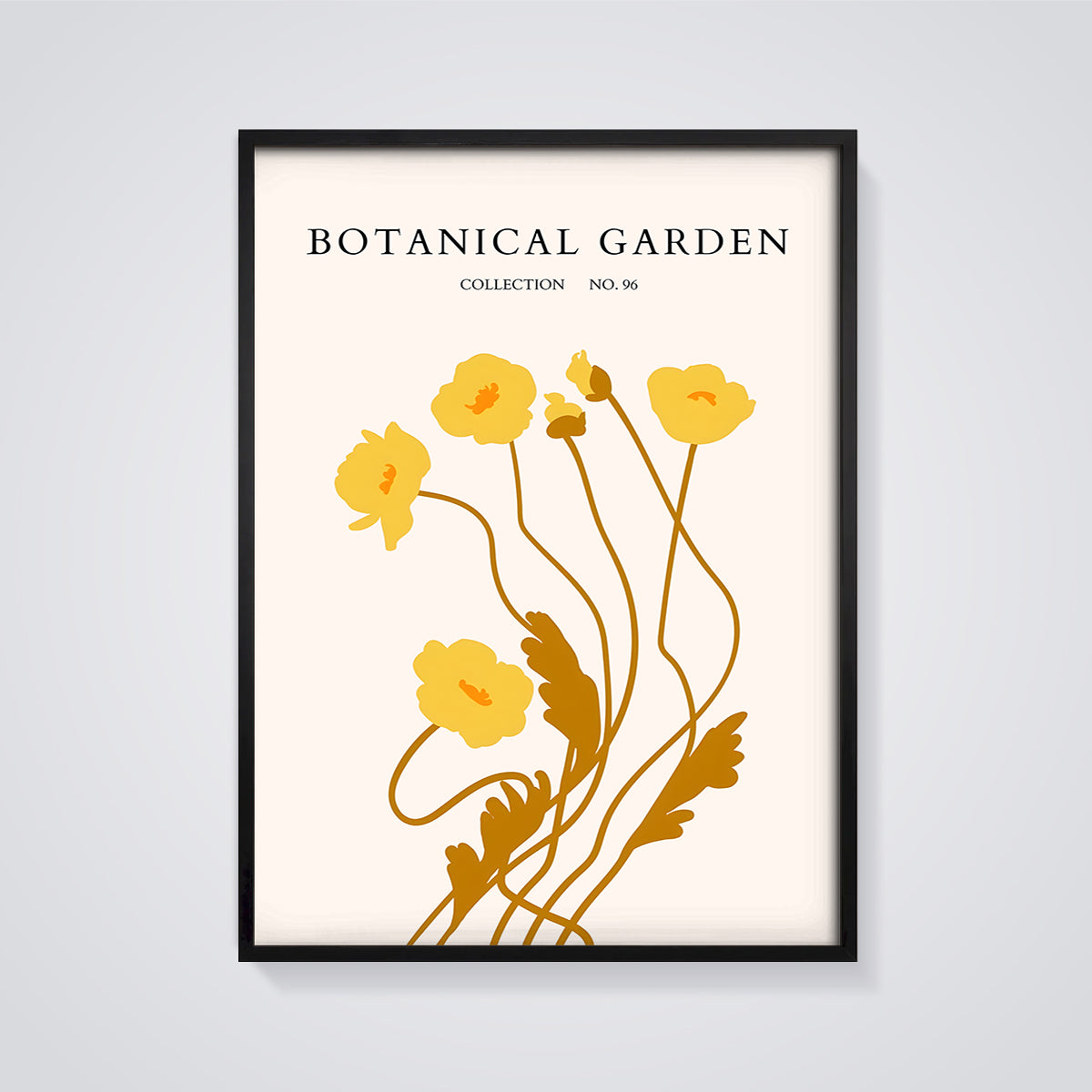 Botanical Garden Yellow Flowers Print framed in black on a grey background