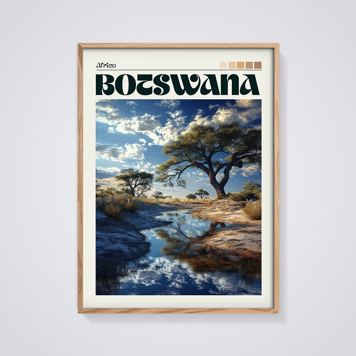 Botswana Serene Landscape Print framed in oak on a grey background