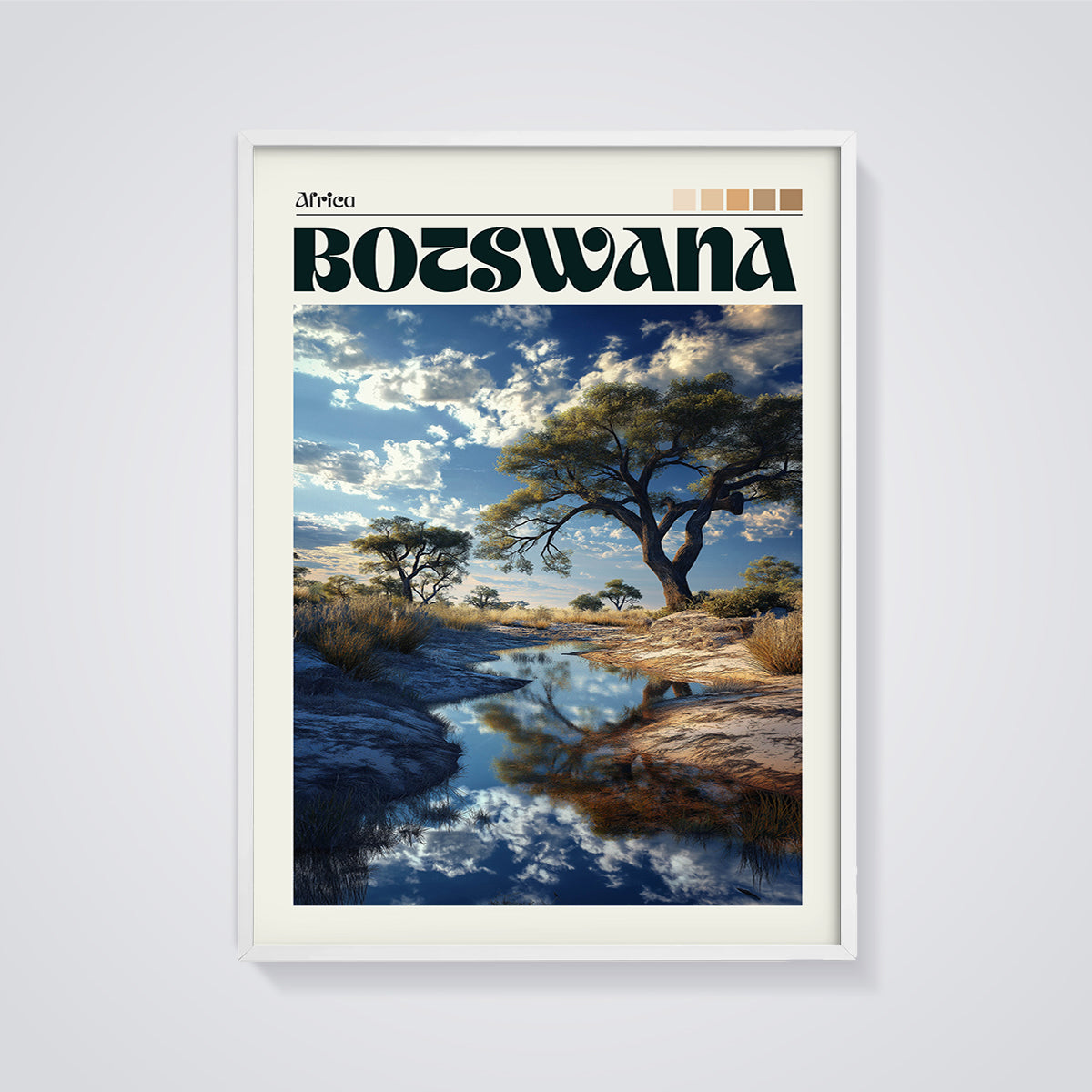 Botswana Serene Landscape Print framed in white on a grey background