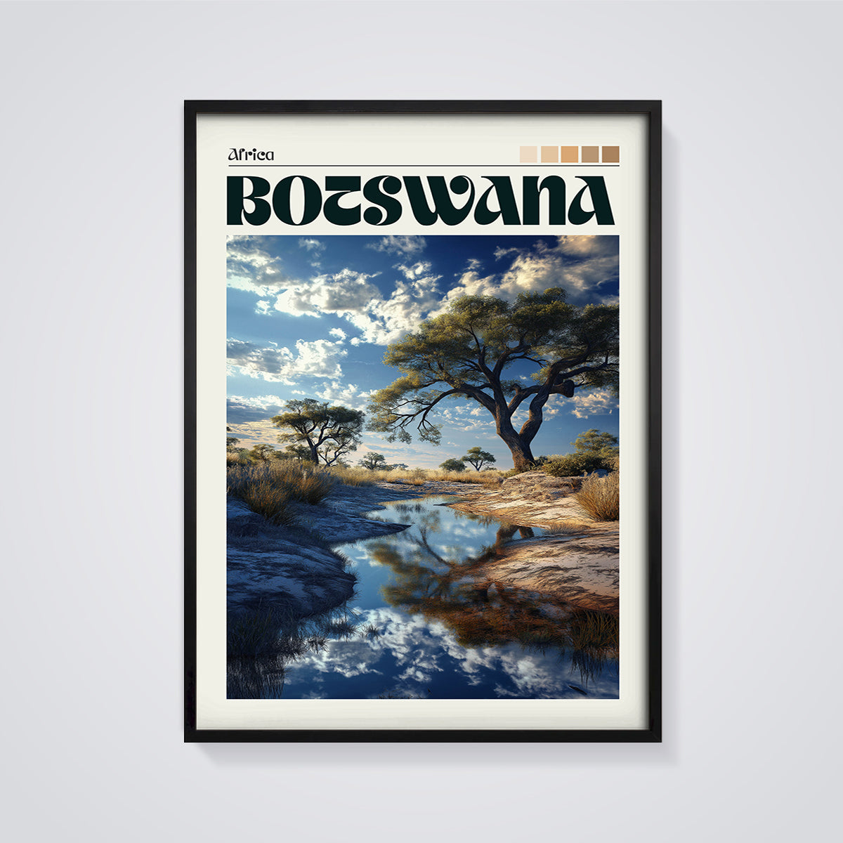Botswana Serene Landscape Print framed in black on a grey background