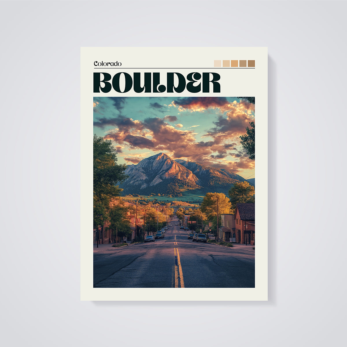 Boulder Colorado Sunset Street Print unframed on a grey background