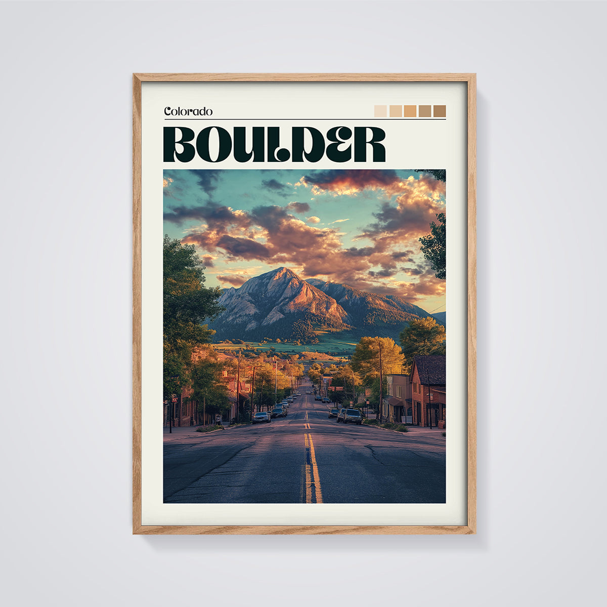 Boulder Colorado Sunset Street Print framed in oak on a grey background