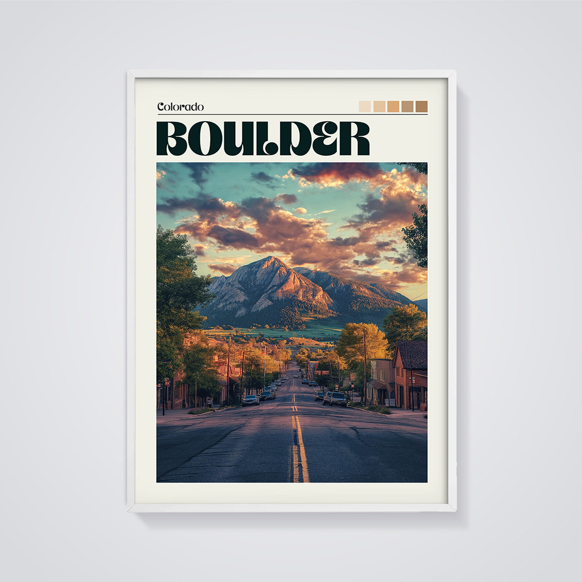 Boulder Colorado Sunset Street Print framed in white on a grey background