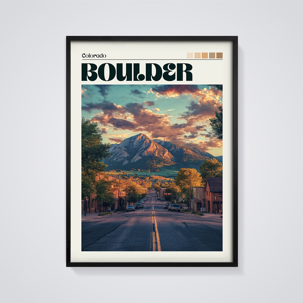 Boulder Colorado Sunset Street Print framed in black on a grey background