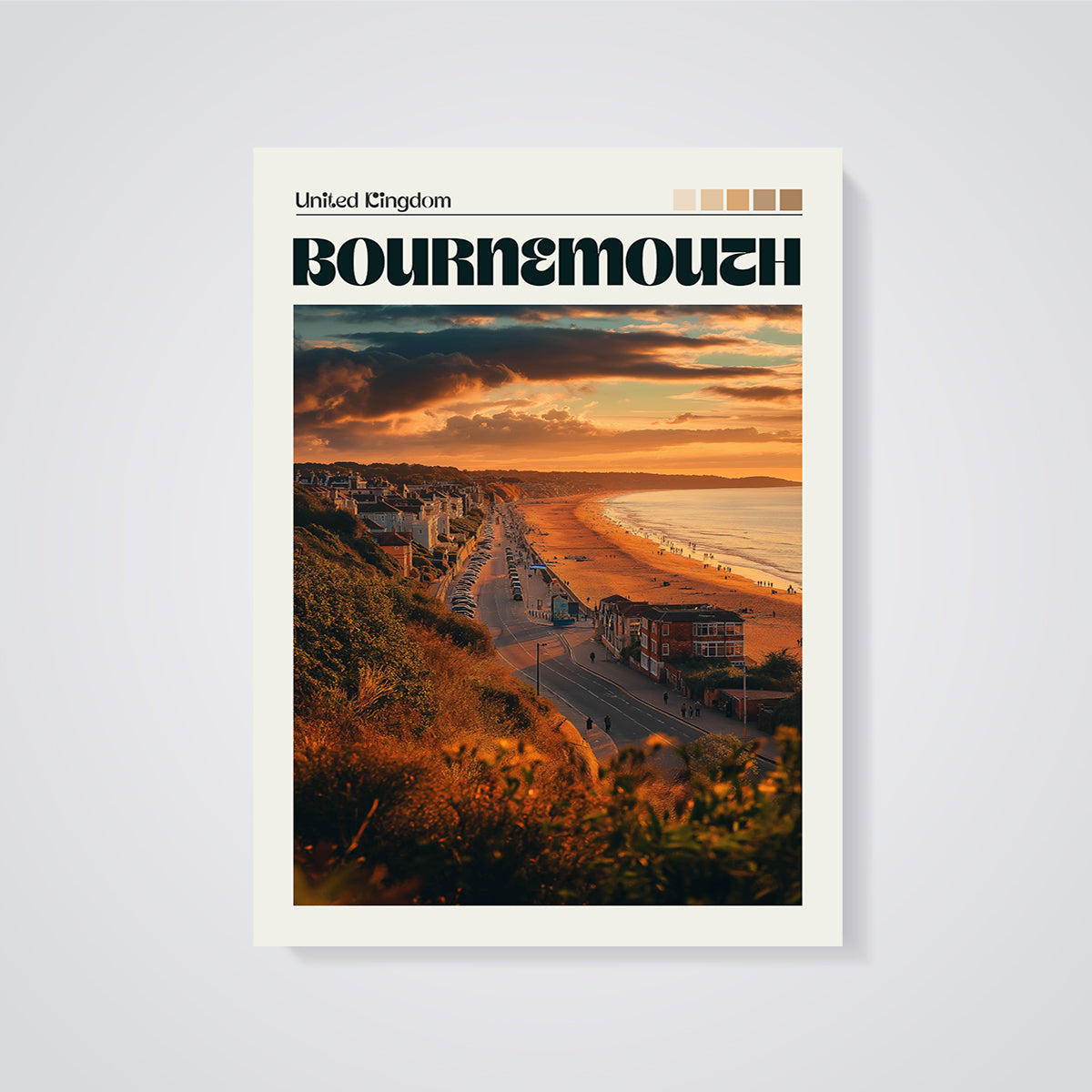 Bournemouth Sunset Beach Print unframed on a grey background