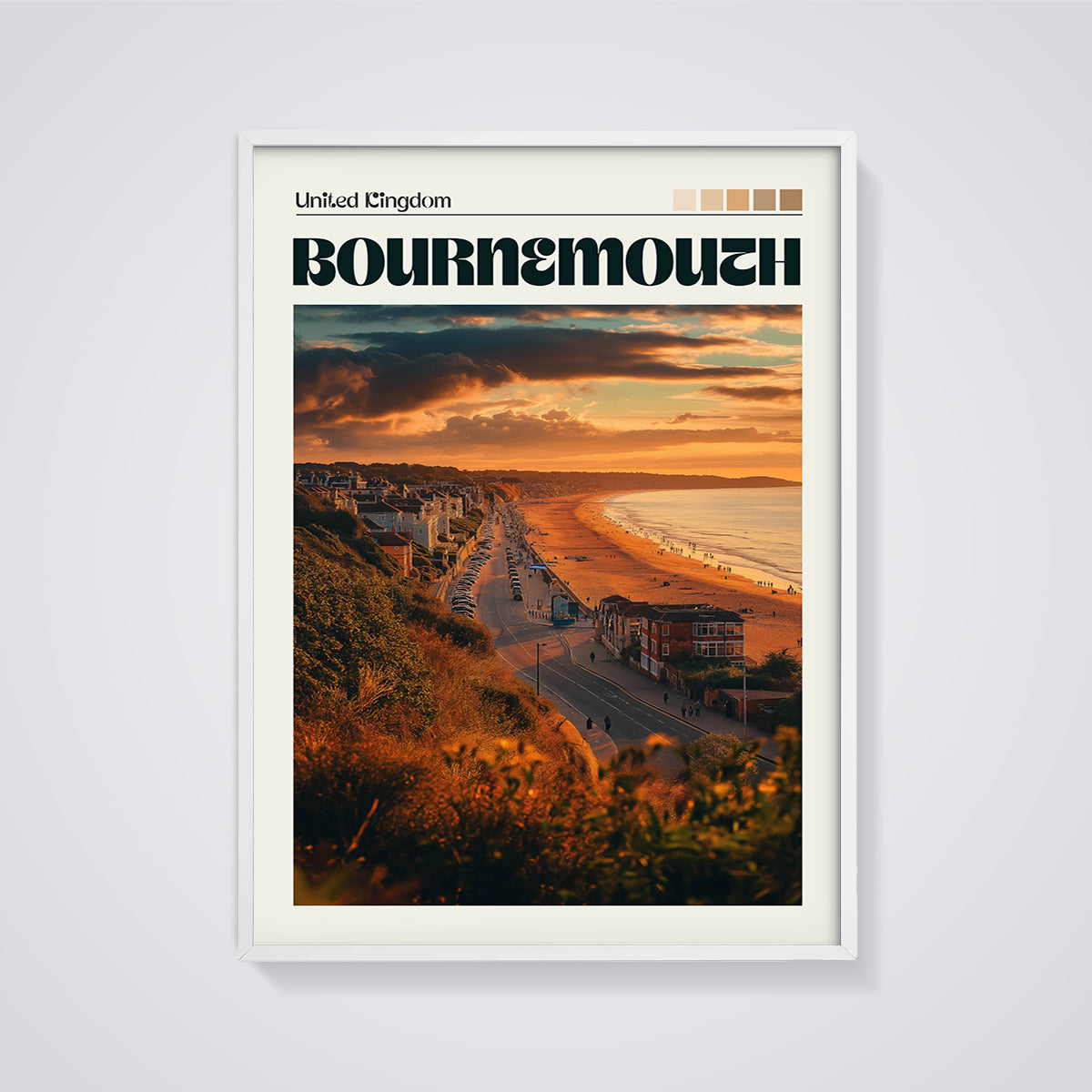 Bournemouth Sunset Beach Print framed in white on a grey background
