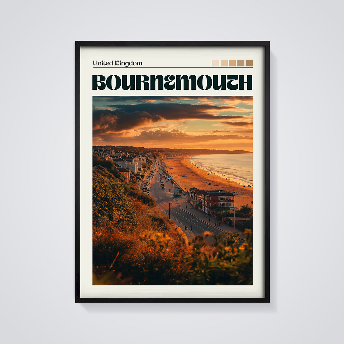 Bournemouth Sunset Beach Print framed in black on a grey background