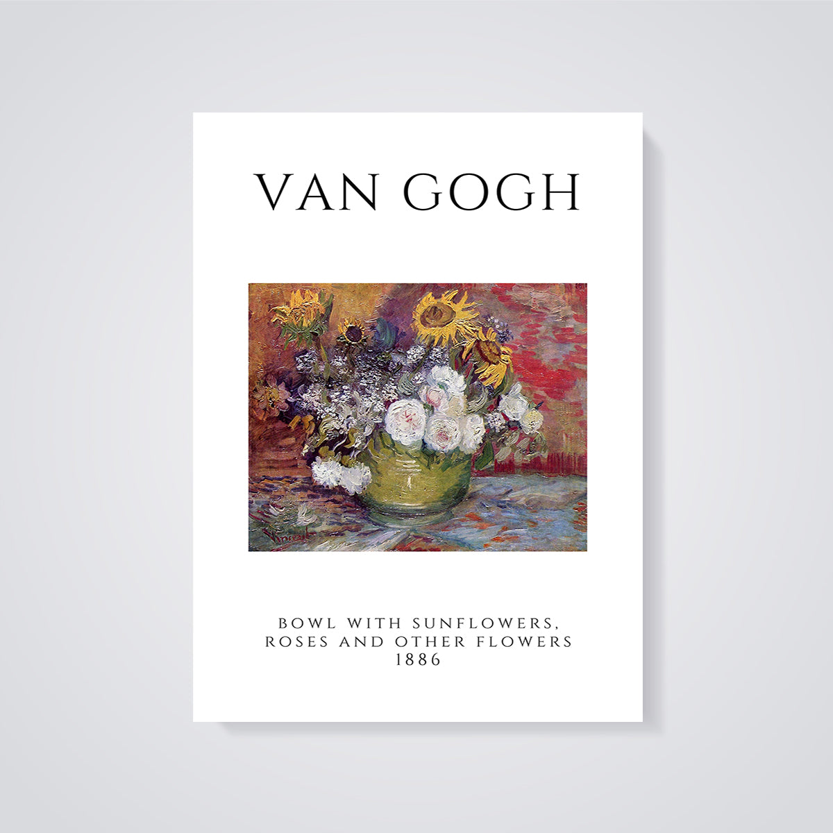 Bowl with Sunflowers, Roses and Other Flowers Print unframed on a grey background