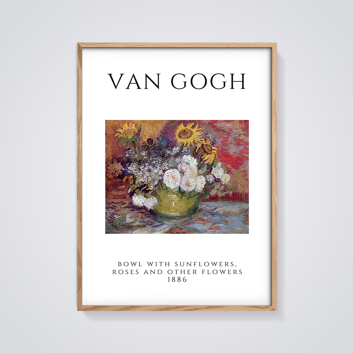 Bowl with Sunflowers, Roses and Other Flowers Print framed in oak on a grey background