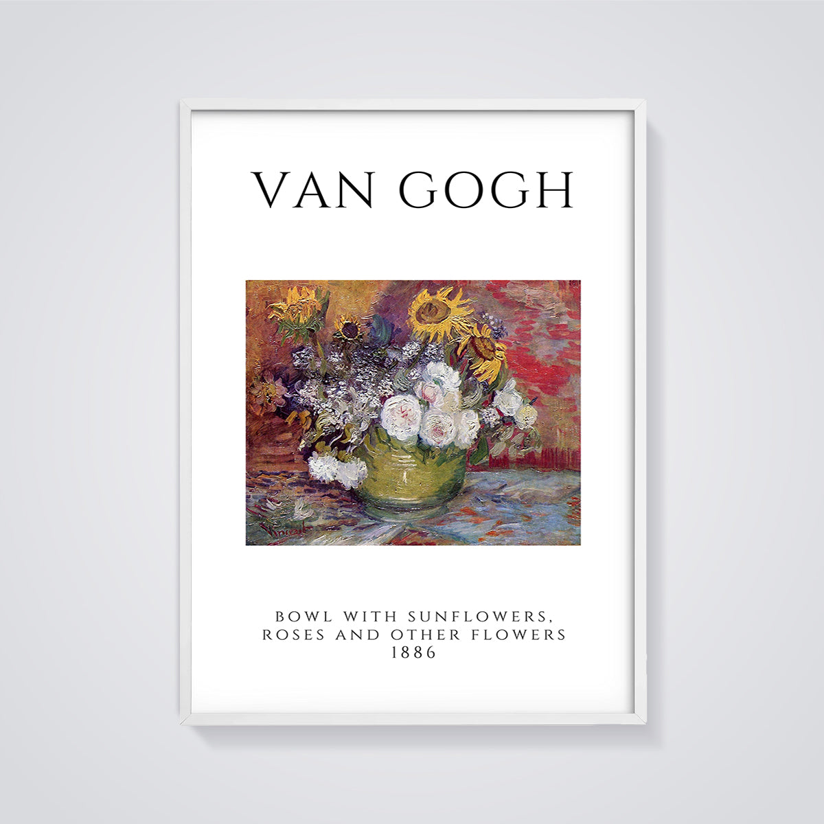 Bowl with Sunflowers, Roses and Other Flowers Print framed in white on a grey background