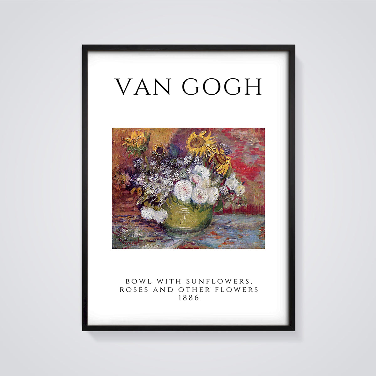 Bowl with Sunflowers, Roses and Other Flowers Print framed in black on a grey background