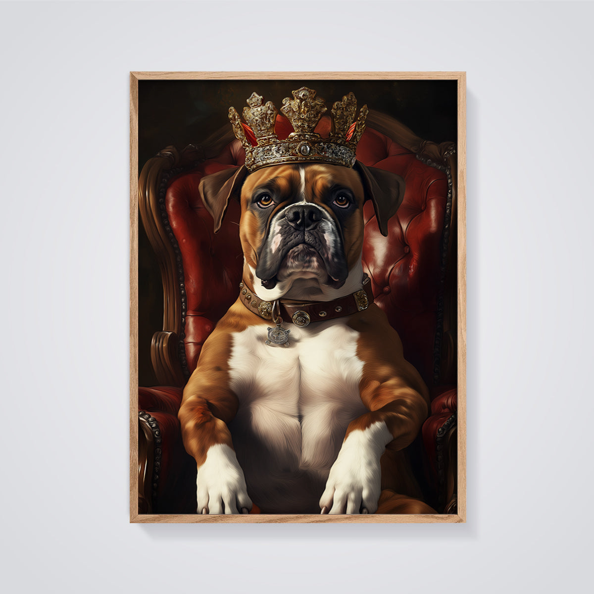 Boxer King Portrait Print framed in oak on a grey background